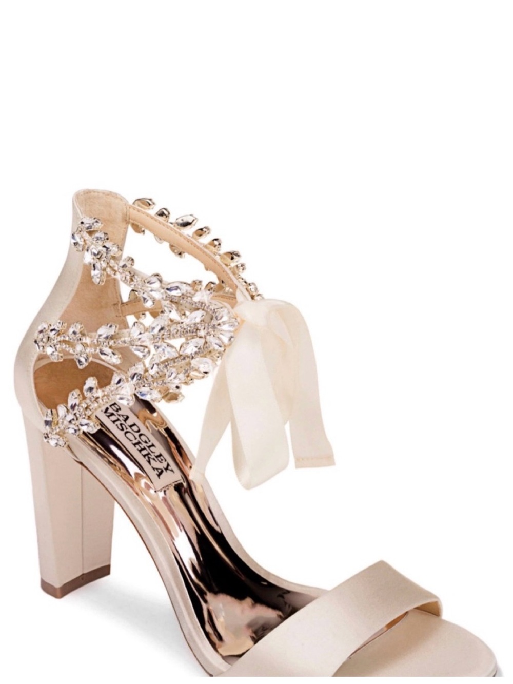 Badgley Mischka Ivory Satin Crystal-Ankle Tie Block Heels - Picture 2 of 11